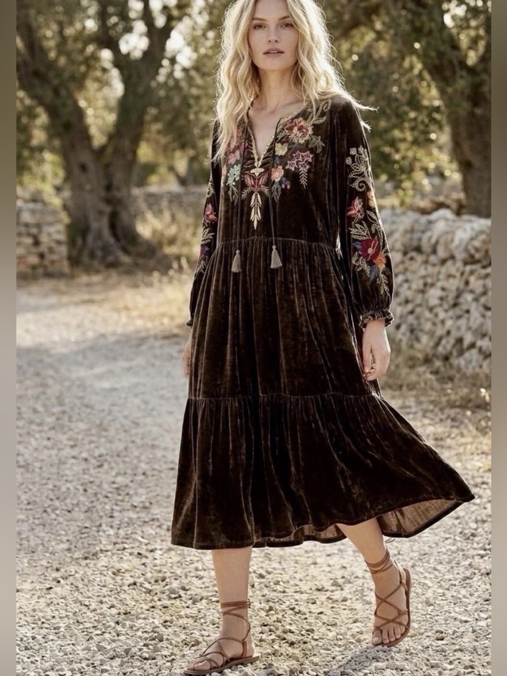Johnny Was Taline Silk Blend Velvet Boho Embroidered Midi Dress Coffee Bean XXL